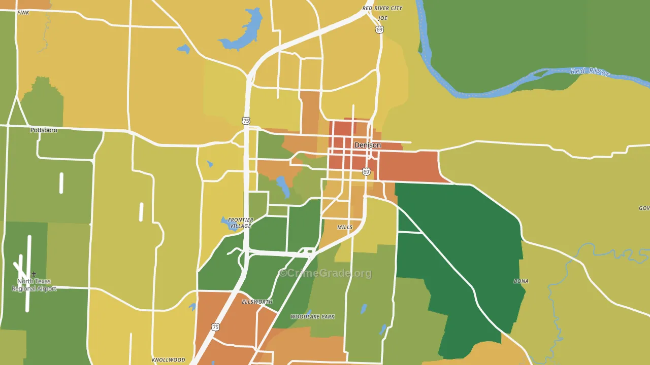 Denison, TX Map of Burglary Rates