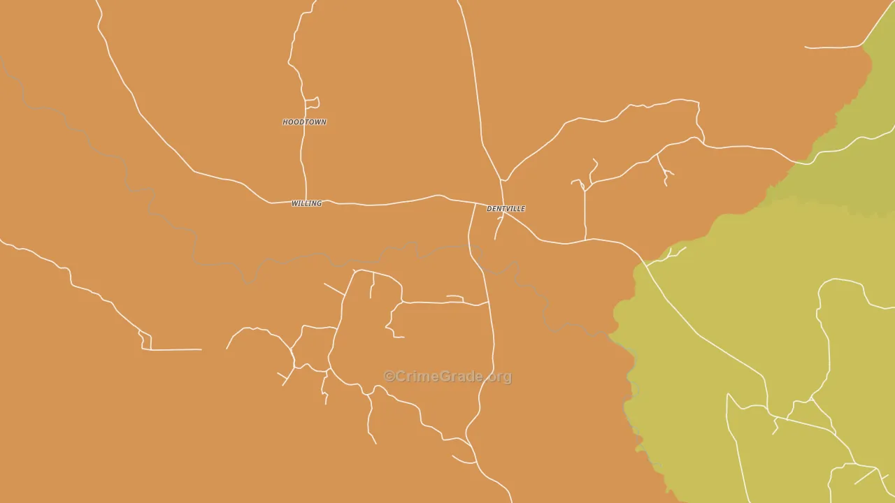 Dentville, MS Map of Burglary Rates