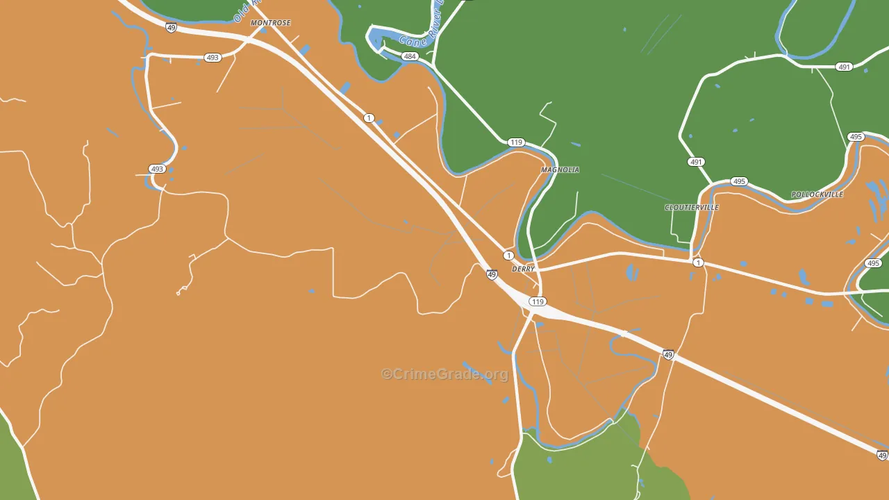 Derry, LA Map of Burglary Rates