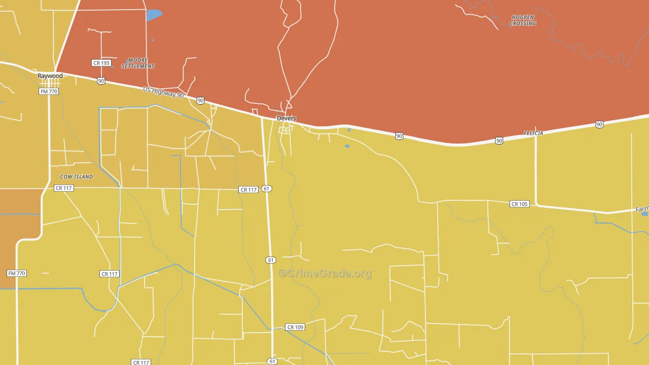 Devers, TX Map of Burglary Rates
