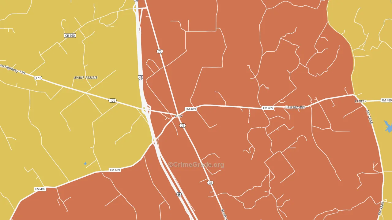 Dew, TX Map of Burglary Rates