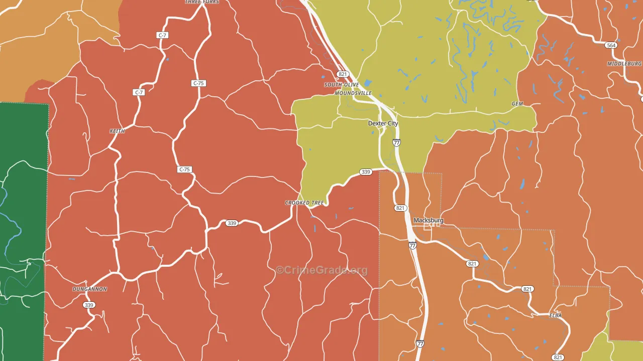 Dexter City, OH Map of Burglary Rates