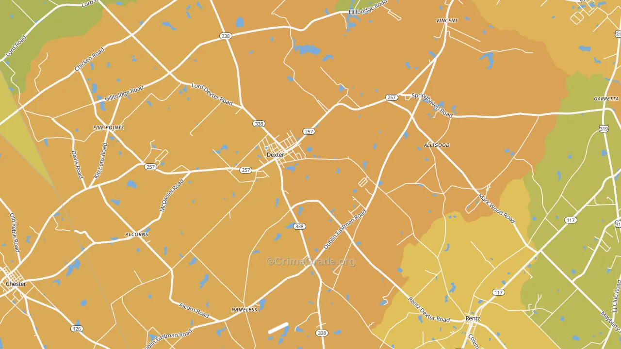 Dexter, GA Map of Burglary Rates