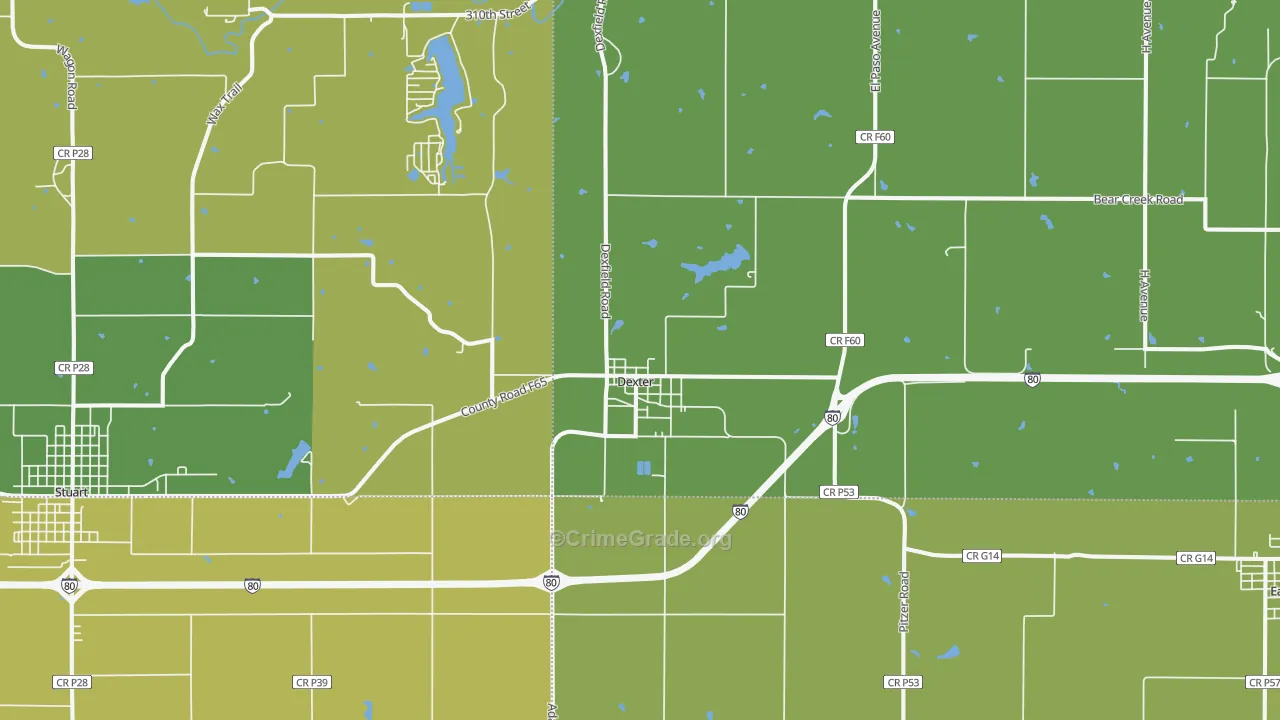 Dexter, IA Map of Burglary Rates