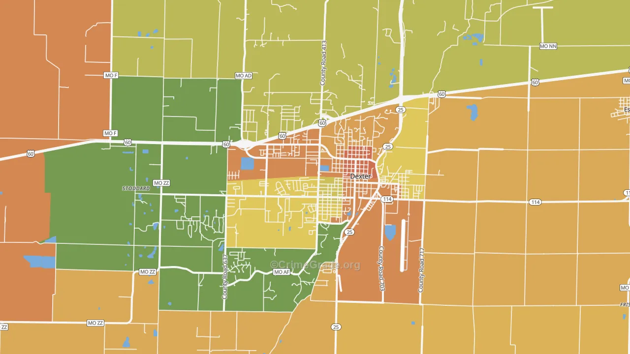 Dexter, MO Map of Burglary Rates