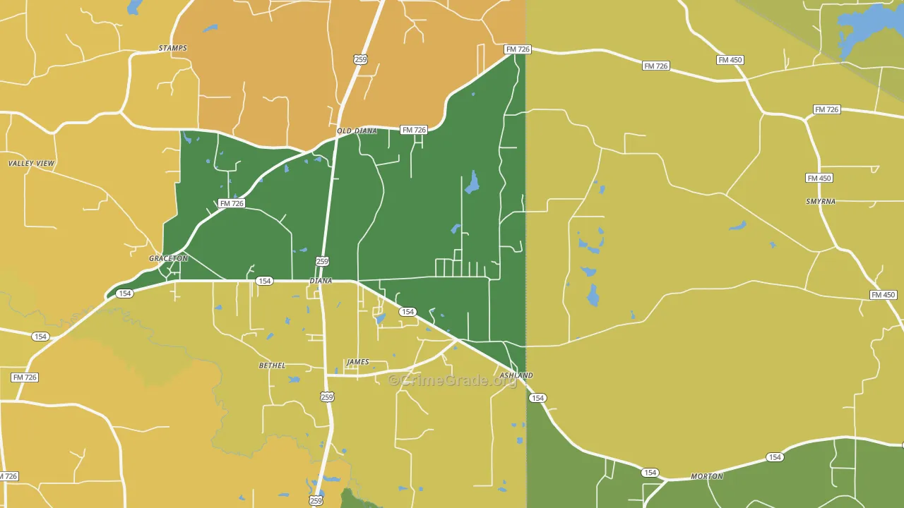 Diana, TX Map of Burglary Rates
