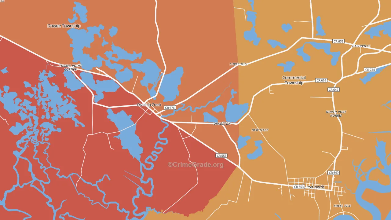 Dividing Creek, NJ Map of Burglary Rates