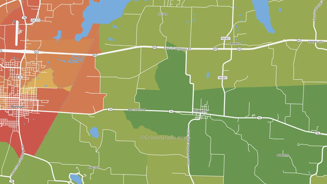 Dodd City, TX Map of Burglary Rates