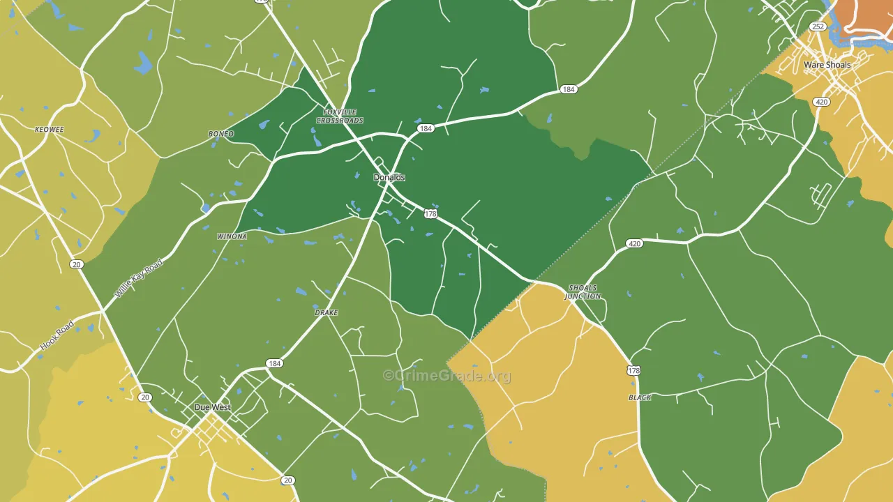Donalds, SC Map of Burglary Rates