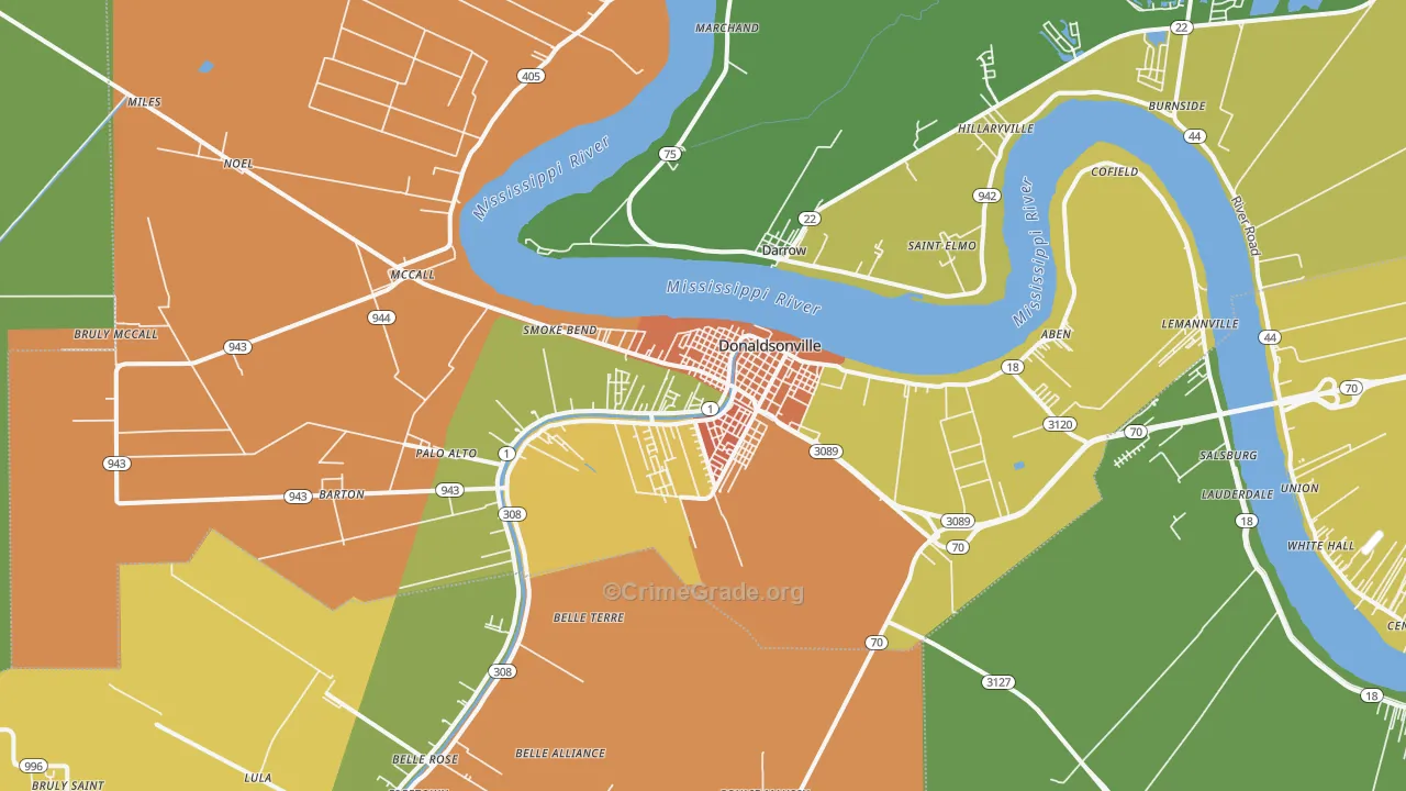 Donaldsonville, LA Map of Burglary Rates