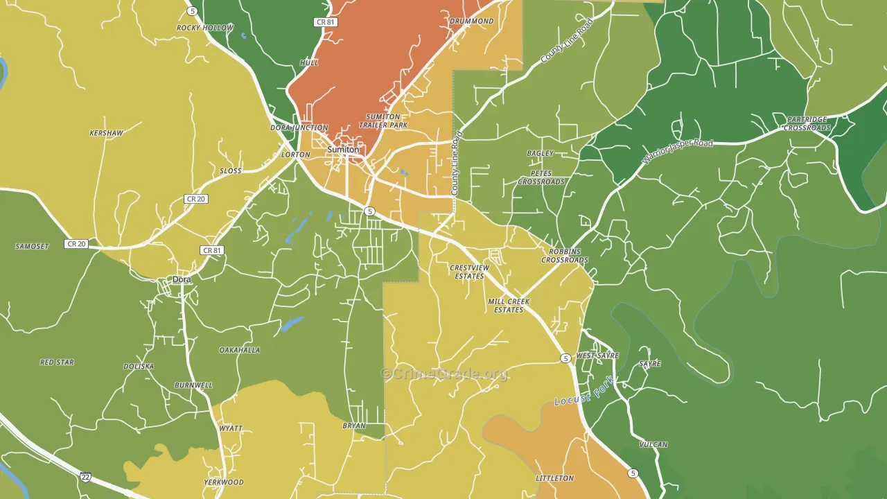 Dora, AL Map of Burglary Rates