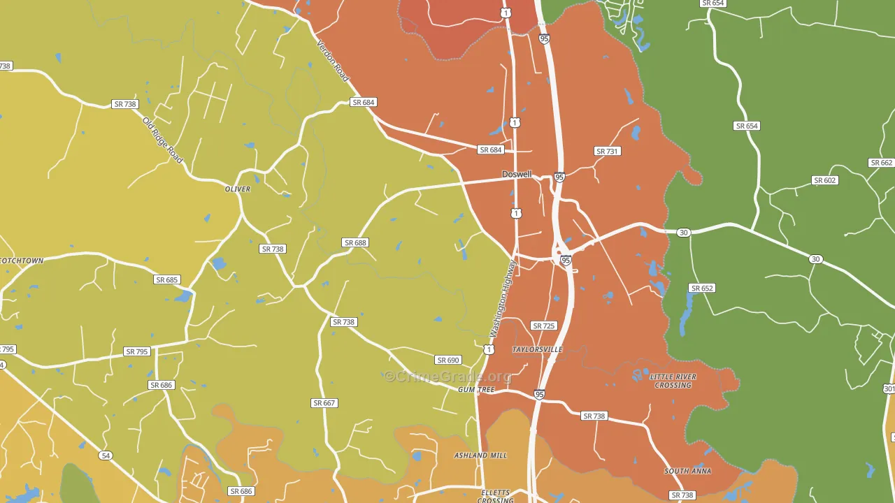Doswell, VA Map of Burglary Rates