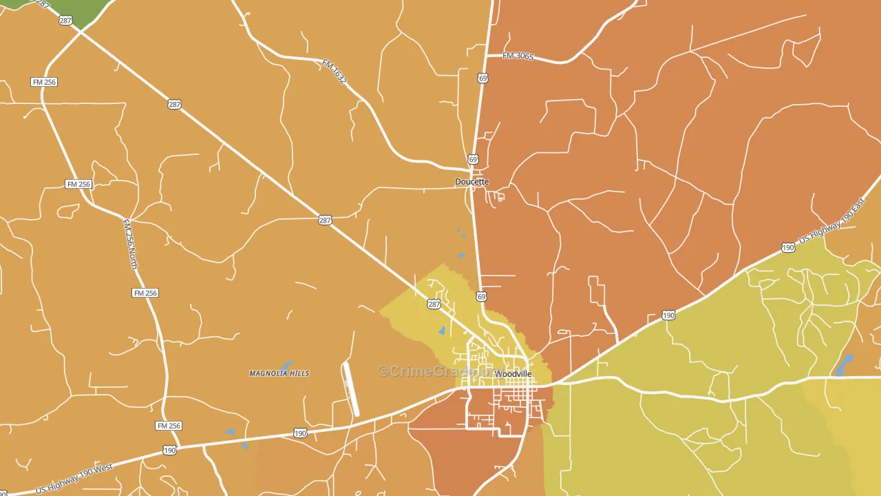 Doucette, TX Map of Burglary Rates
