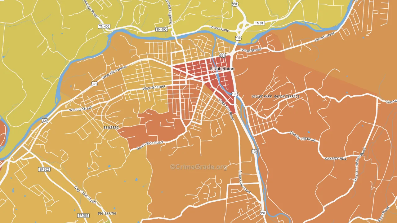 Douglas, Elizabethton, TN Map of Burglary Rates