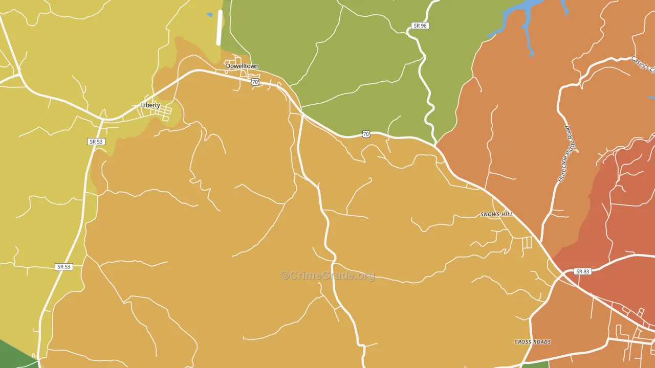 Dowelltown, TN Map of Burglary Rates