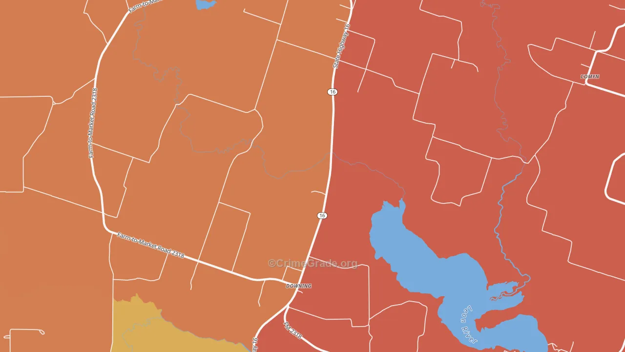 Downing, TX Map of Burglary Rates