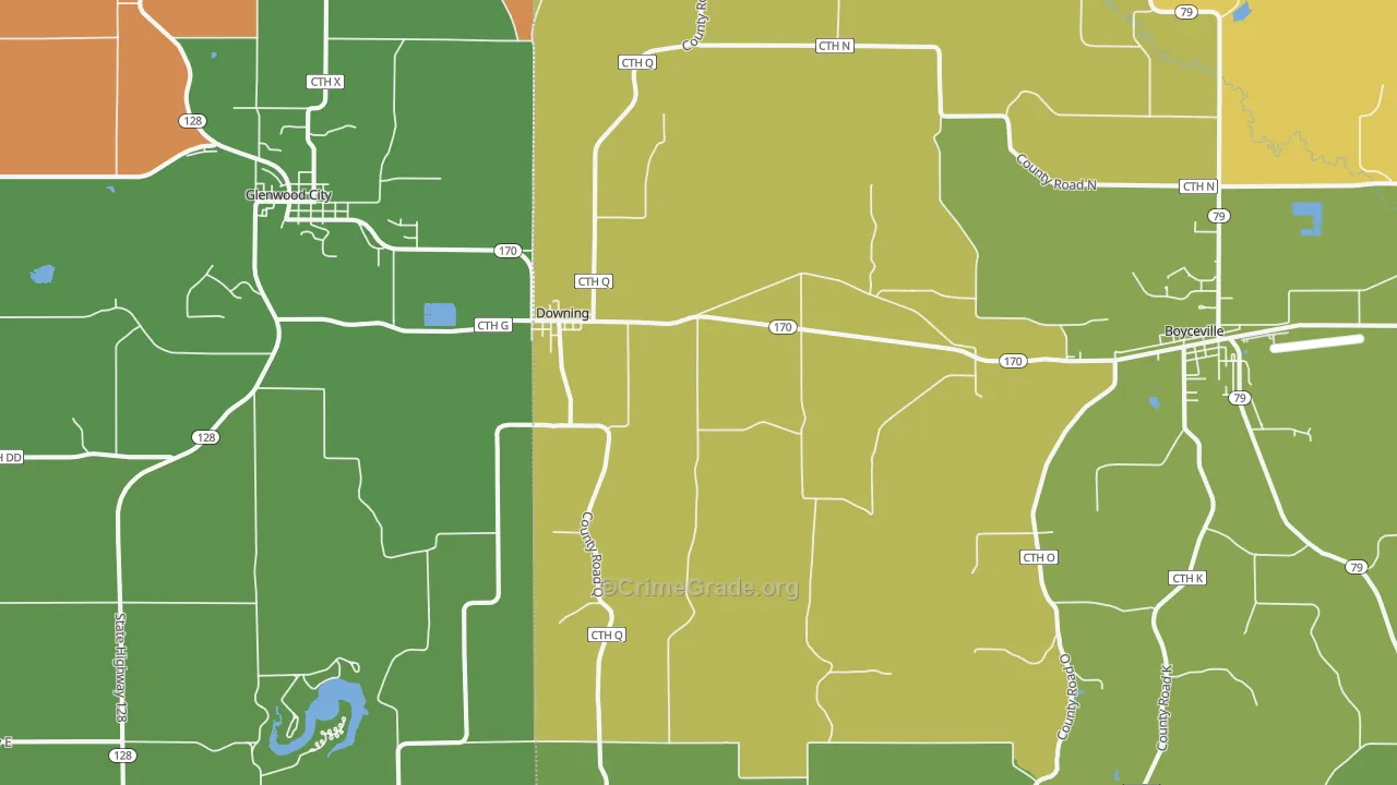 Downing, WI Map of Burglary Rates