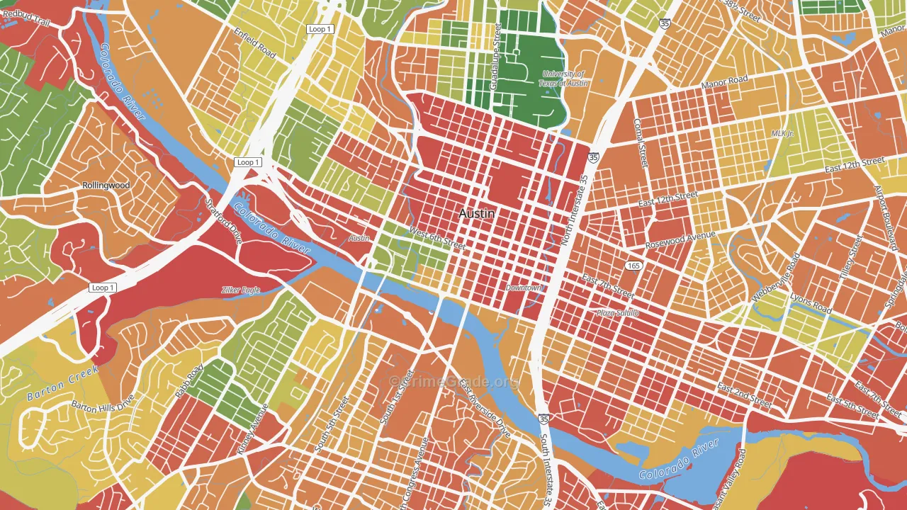 Downtown Austin, Austin, TX Map of Burglary Rates