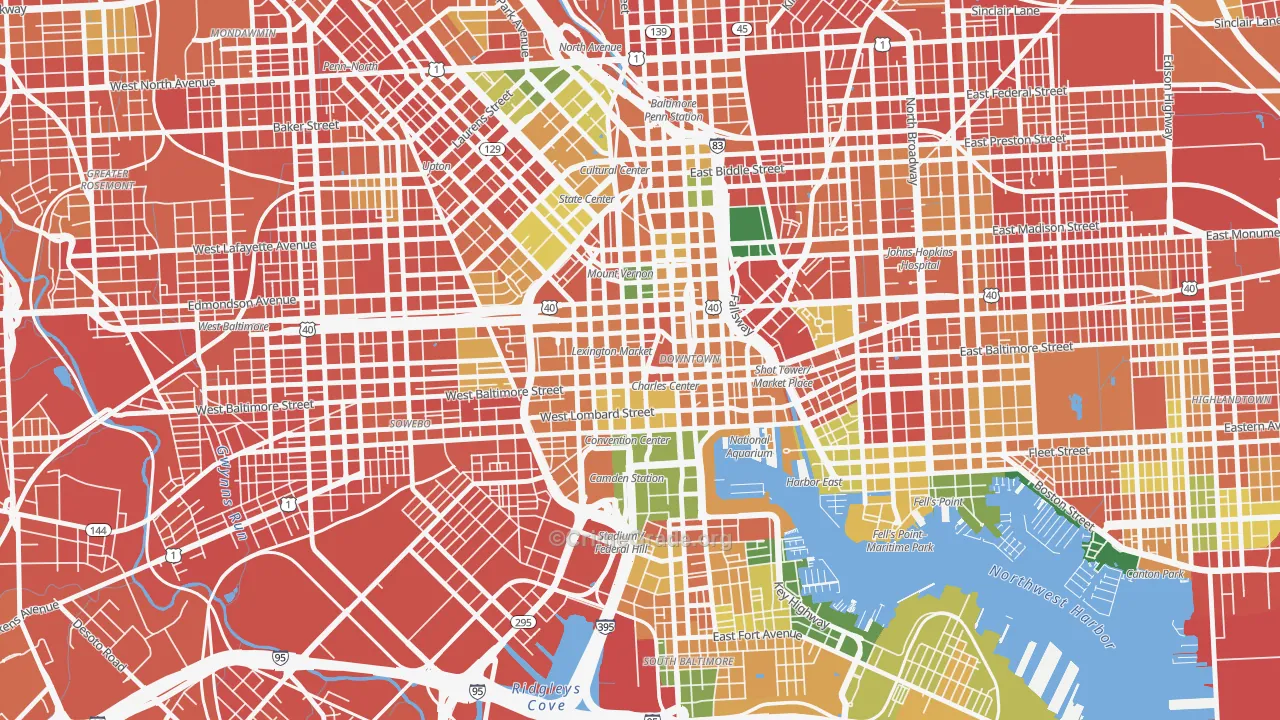 Downtown, Baltimore, MD Map of Burglary Rates