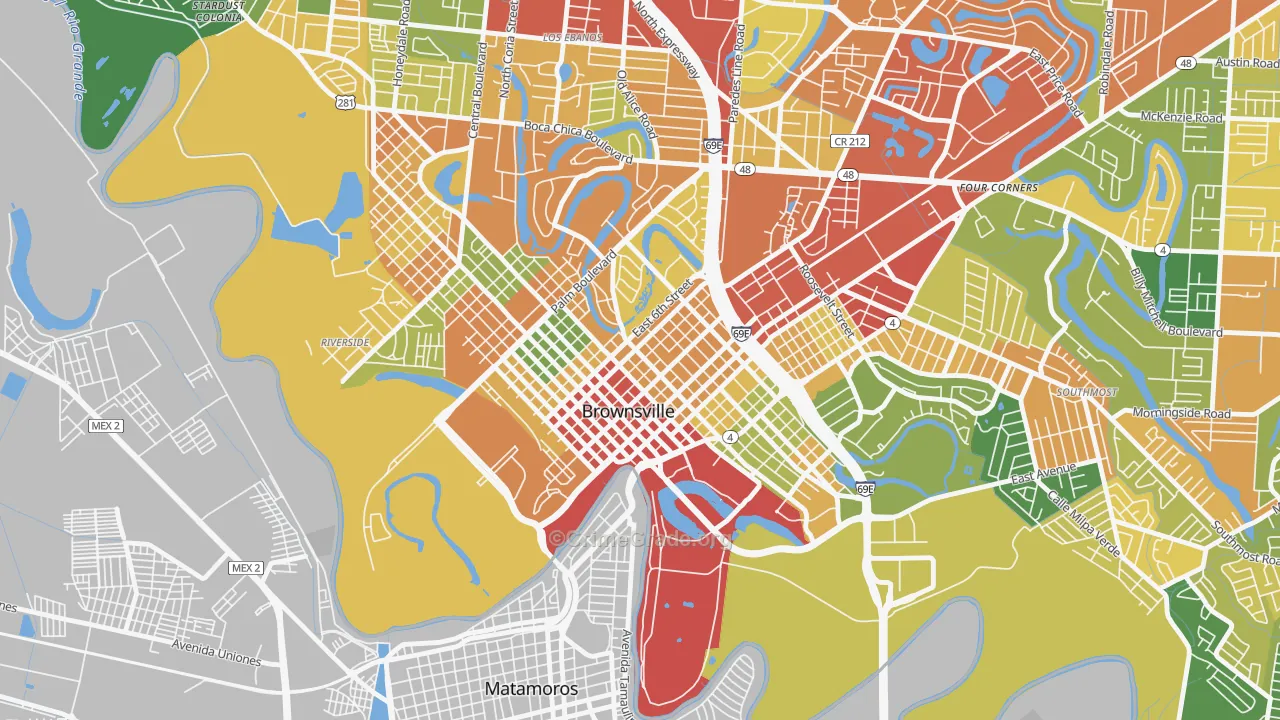 Downtown Brownsville, Brownsville, TX Map of Burglary Rates