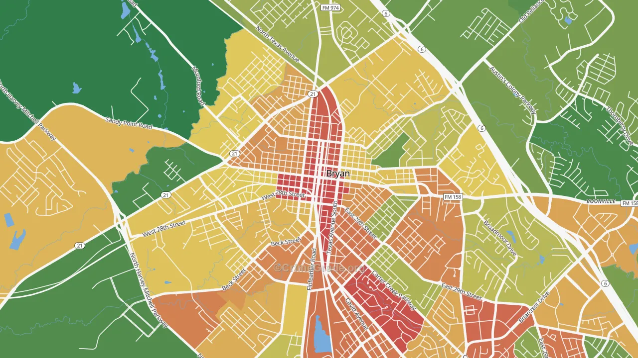 Downtown Bryan, Bryan, TX Map of Burglary Rates