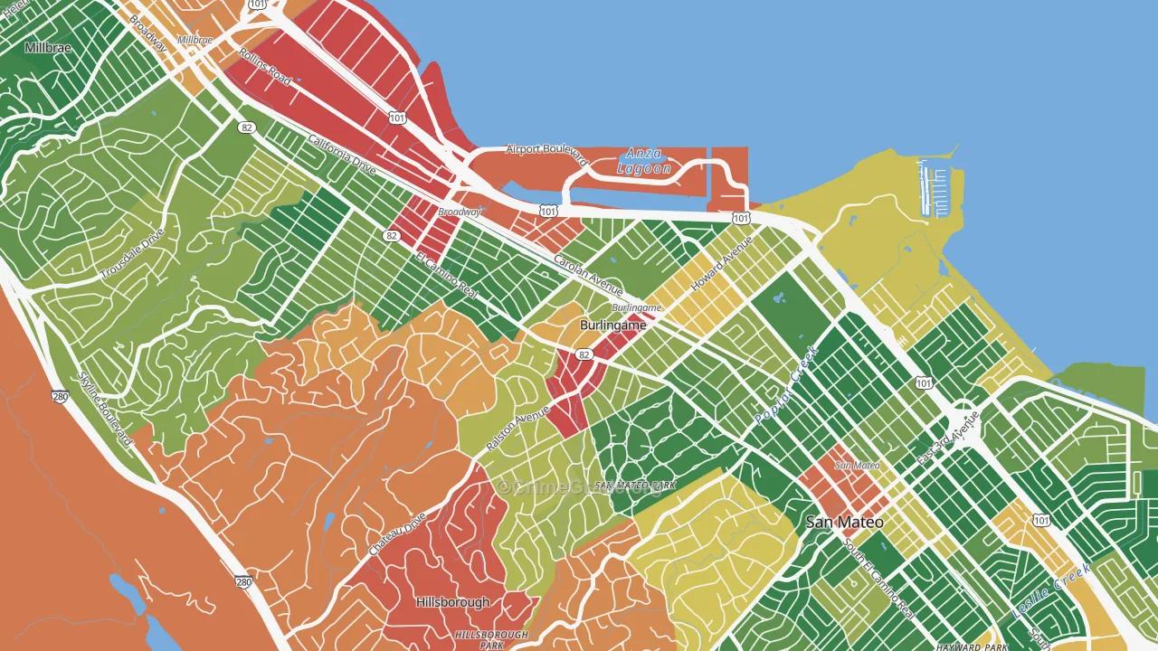 Downtown Burlingame, Burlingame, CA Map of Burglary Rates