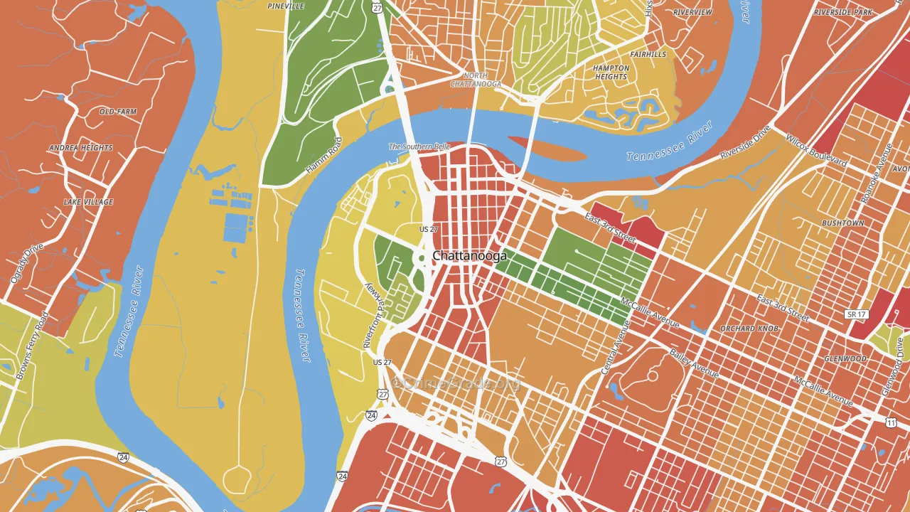 Downtown Chattanooga, Chattanooga, TN Map of Burglary Rates