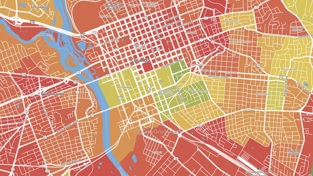 Downtown Columbia, Columbia, SC Map of Burglary Rates