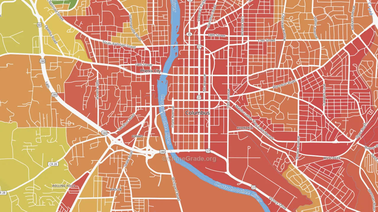 Downtown Columbus, Columbus, GA Map of Burglary Rates