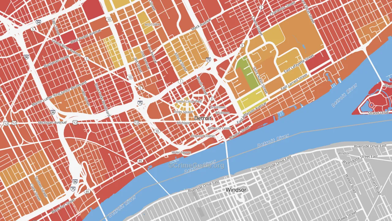 Downtown Detroit, Detroit, MI Map of Burglary Rates