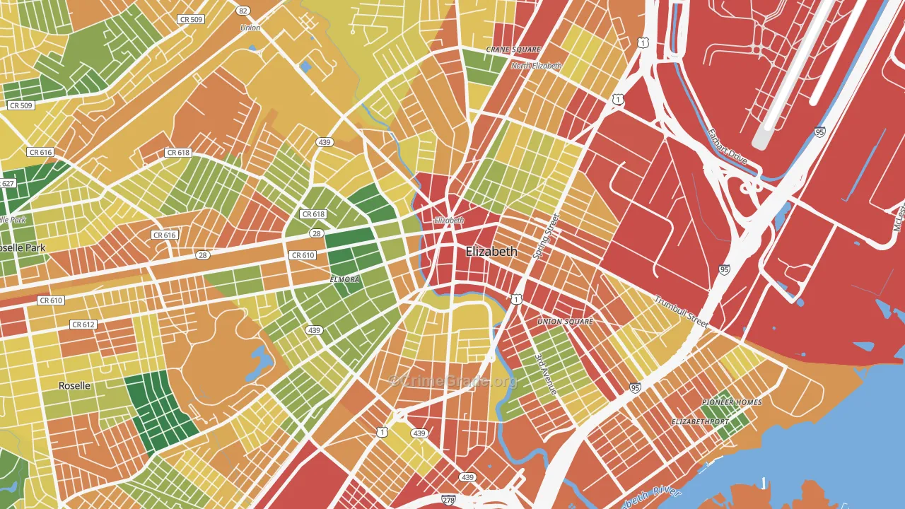Downtown Elizabeth, Elizabeth, NJ Map of Burglary Rates