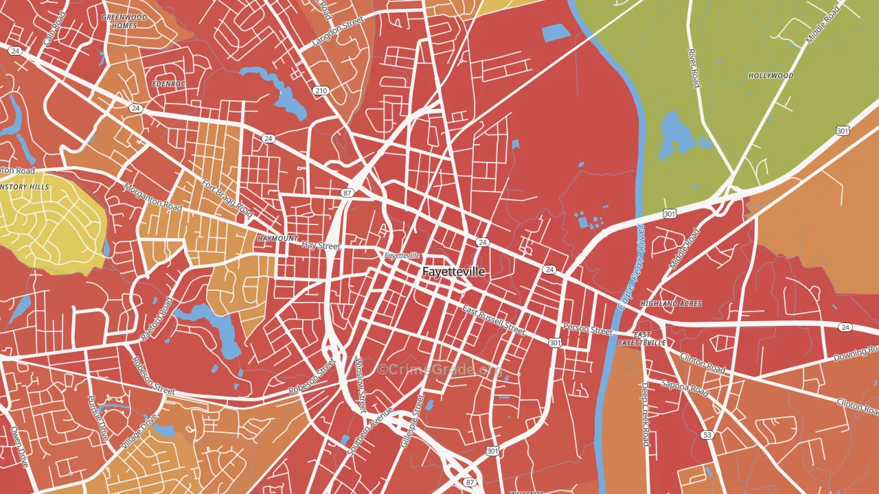 Downtown Fayetteville, Fayetteville, NC Map of Burglary Rates