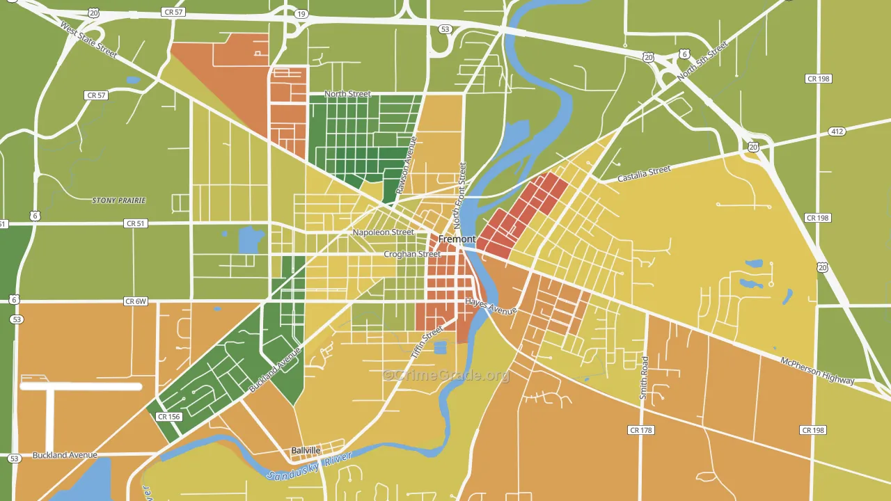 Downtown Fremont Historic District, Fremont, OH Map of Burglary Rates
