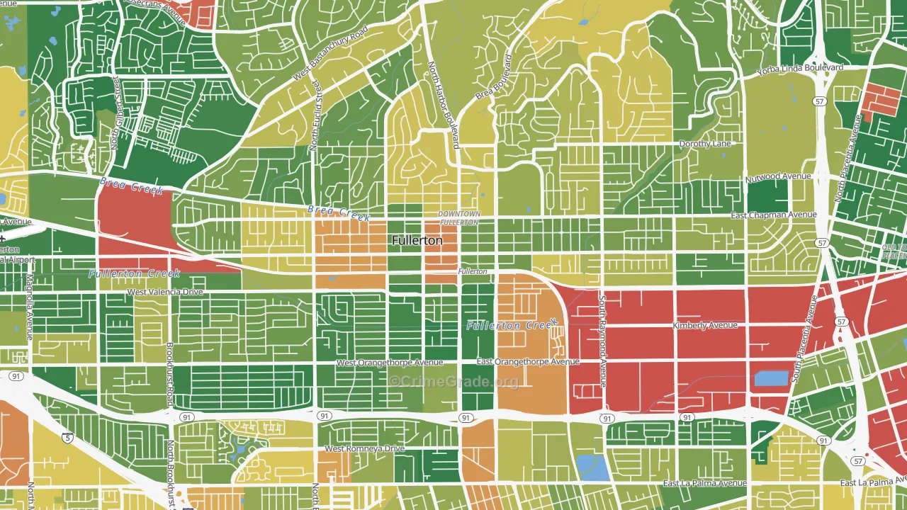 Downtown Fullerton, Fullerton, CA Map of Burglary Rates