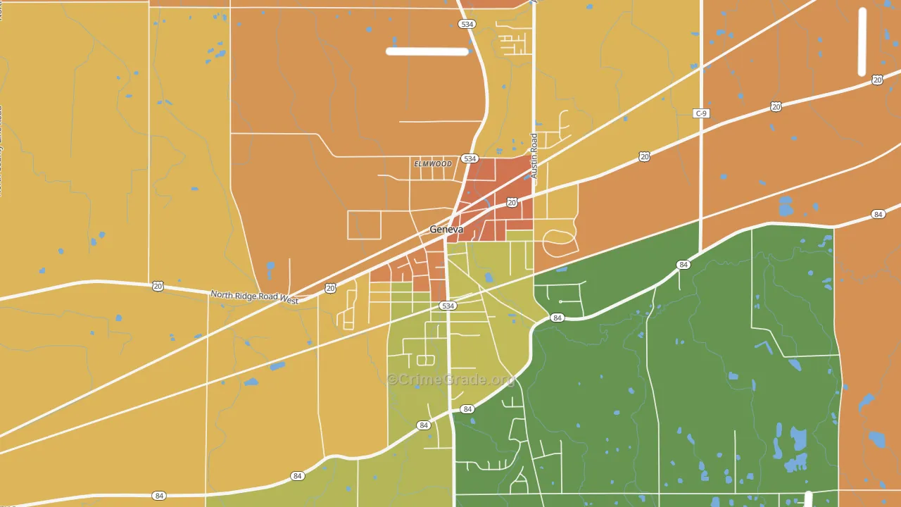 Downtown Geneva, Geneva, OH Map of Burglary Rates