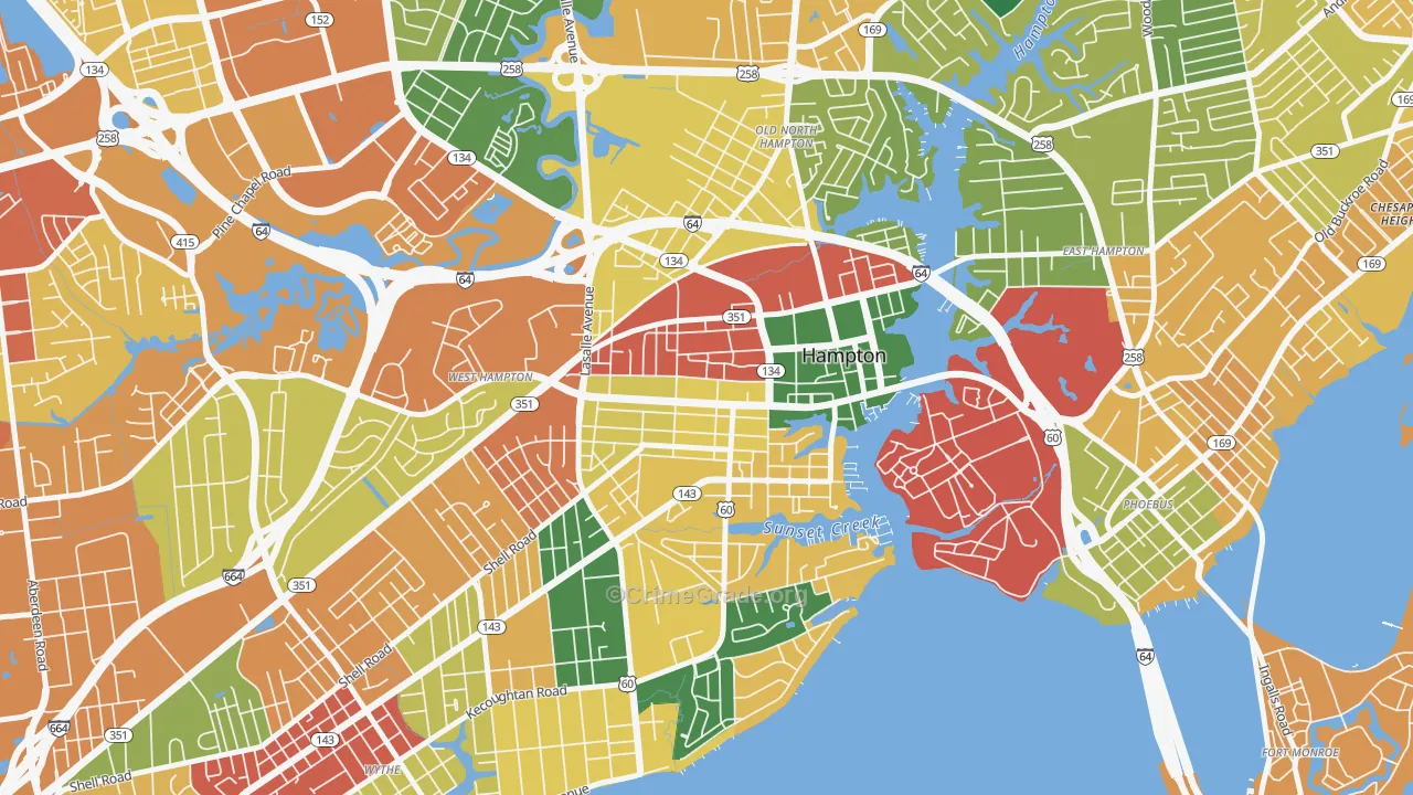 Downtown Hampton, Hampton, VA Map of Burglary Rates