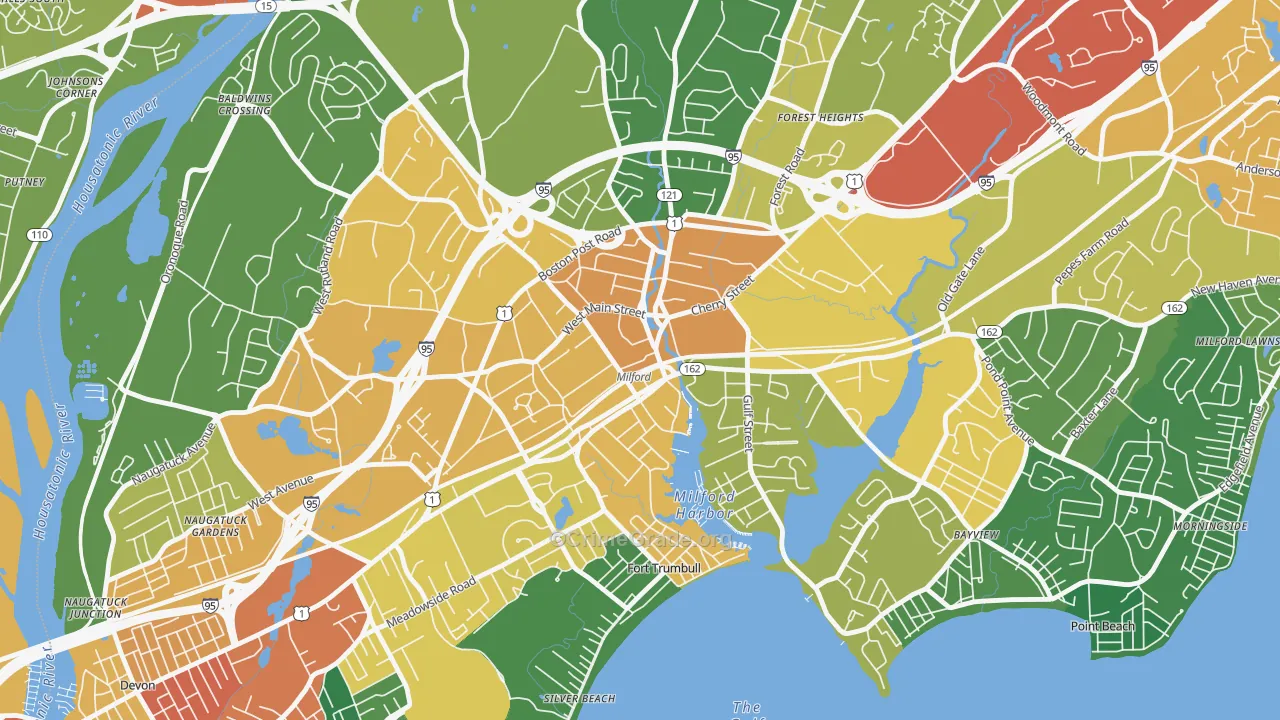 Downtown Harbor-Post Road South, Milford, CT Map of Burglary Rates