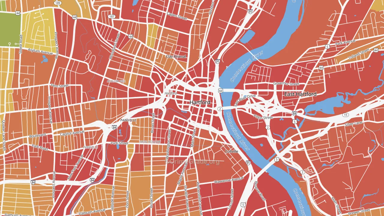 Downtown Hartford, Hartford, CT Map of Burglary Rates