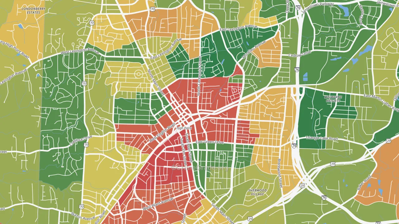 Downtown High Point, High Point, NC Map of Burglary Rates