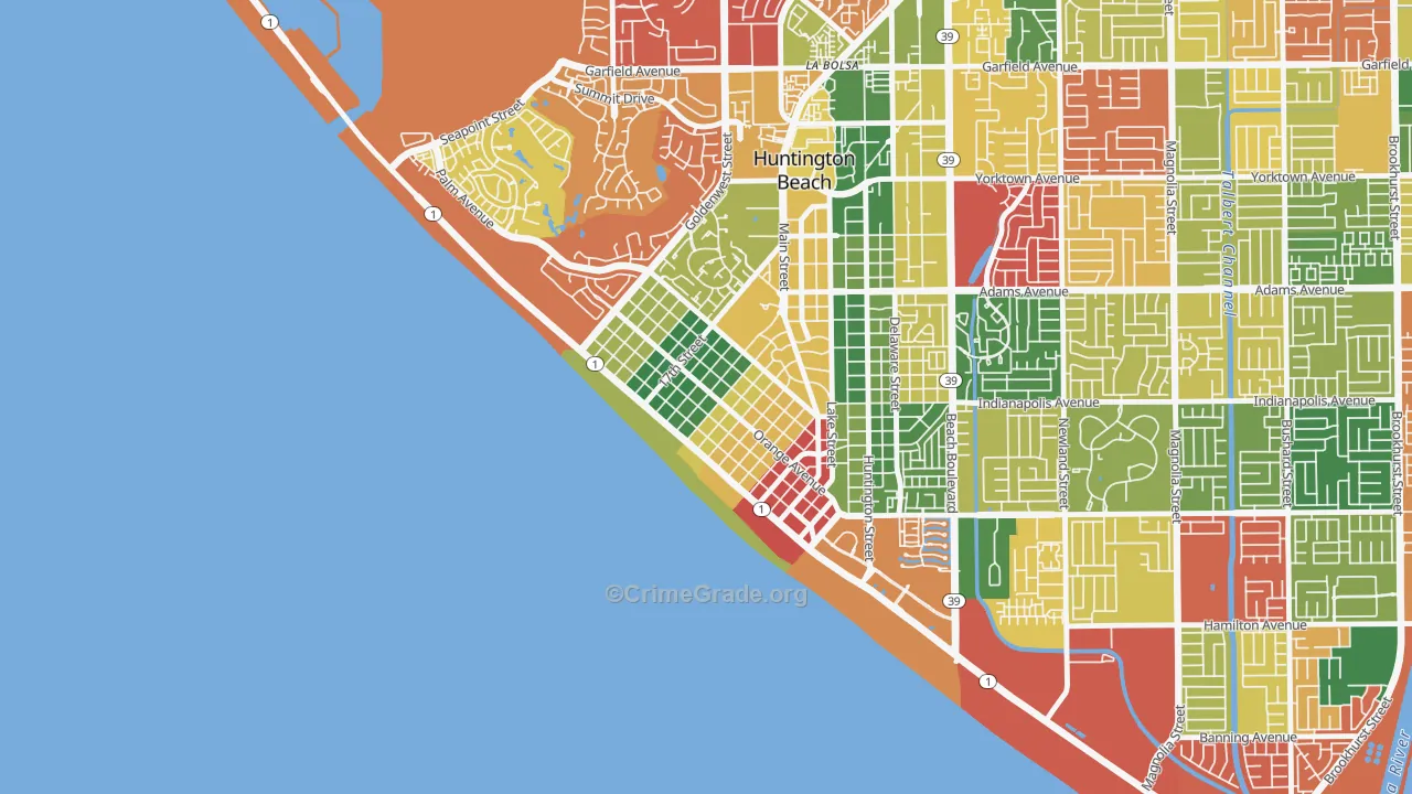 Downtown Huntington Beach, Huntington Beach, CA Map of Burglary Rates