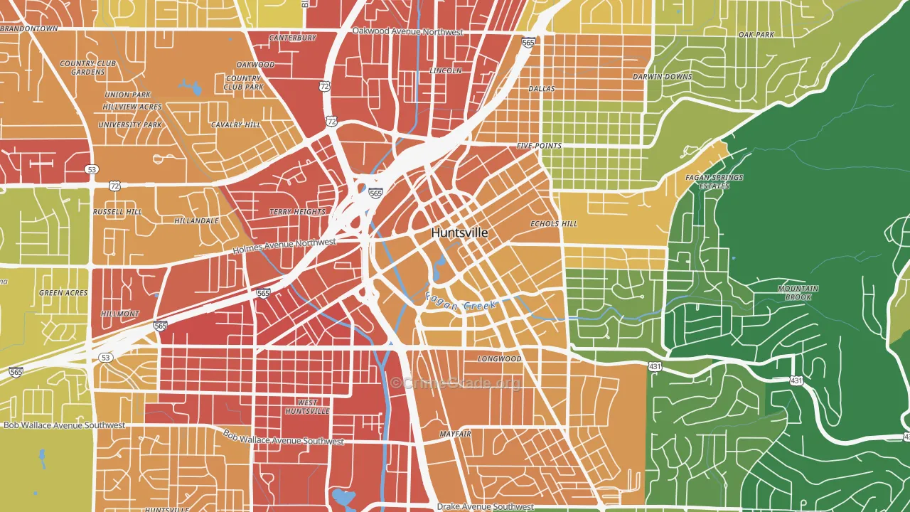 Downtown Huntsville, Huntsville, AL Map of Burglary Rates