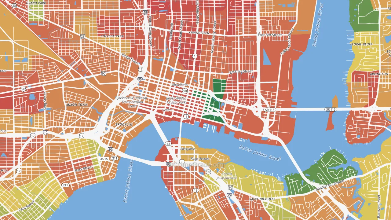 Downtown Jacksonville, Jacksonville, FL Map of Burglary Rates