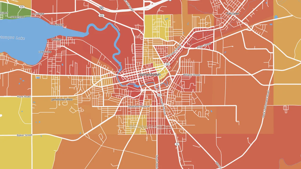 Downtown Jamestown, Jamestown, NY Map of Burglary Rates