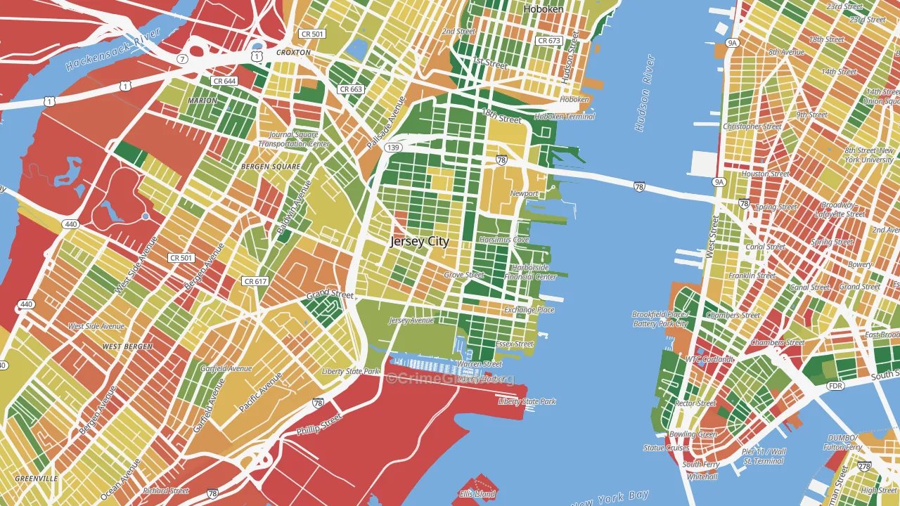 Downtown Jersey City, Jersey City, NJ Map of Burglary Rates