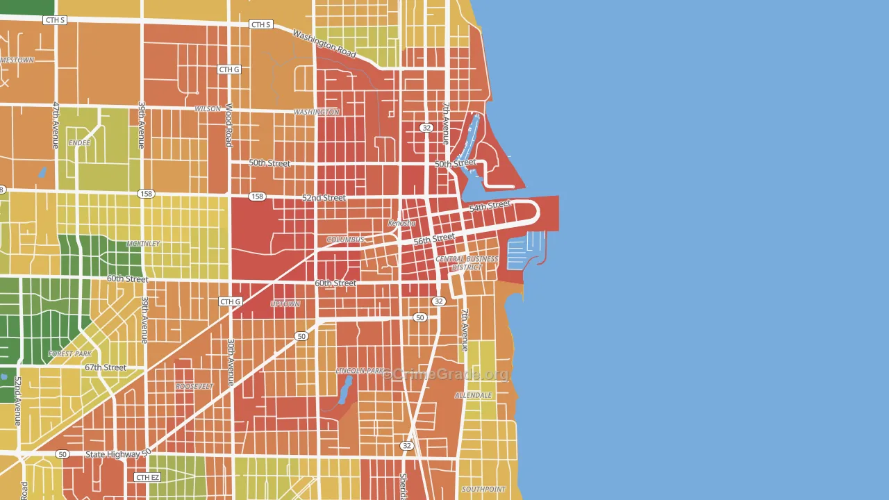 Downtown, Kenosha, WI Map of Burglary Rates