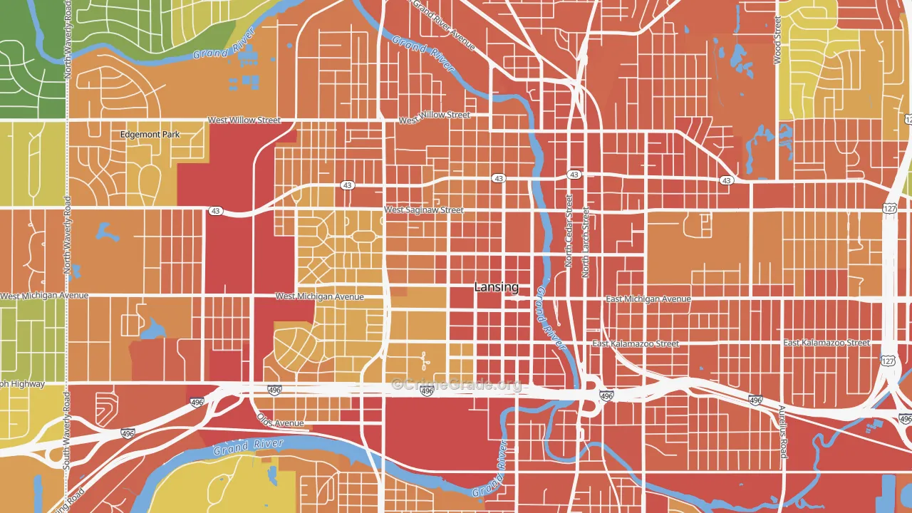 Downtown Lansing, Lansing, MI Map of Burglary Rates