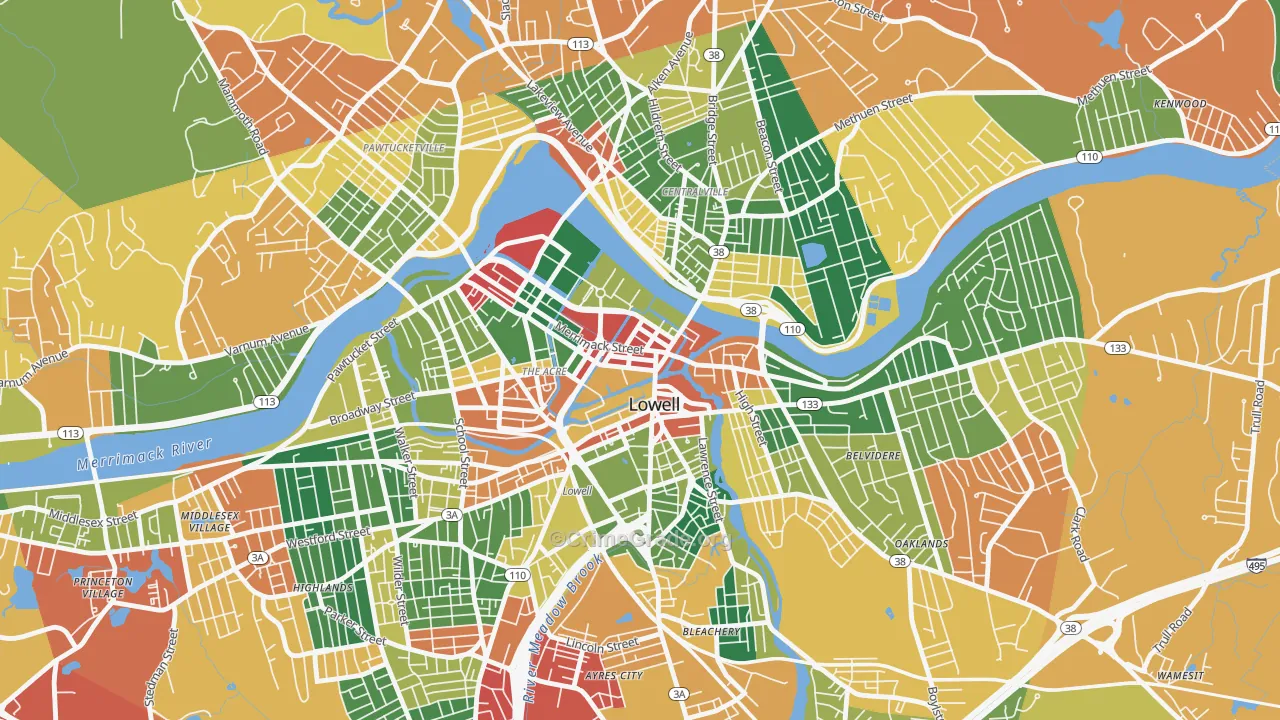Downtown Lowell, Lowell, MA Map of Burglary Rates