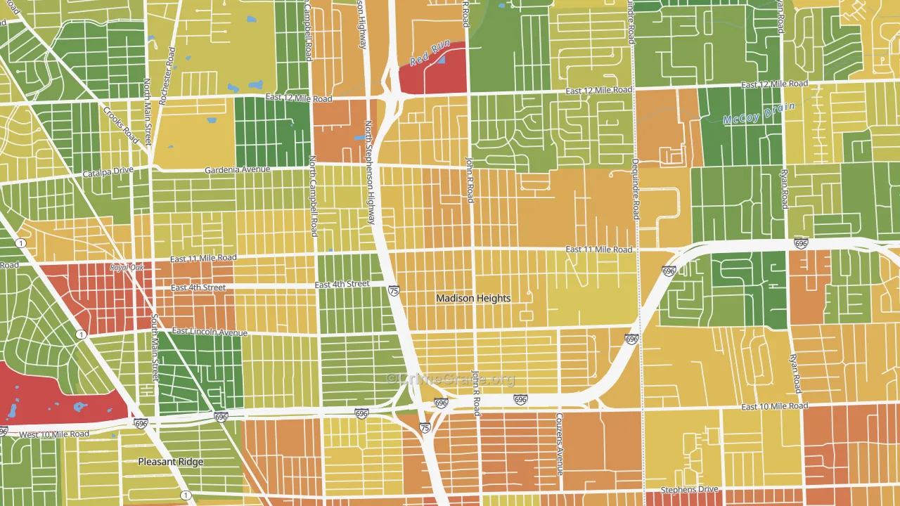 Downtown Madison Heights, Madison Heights, MI Map of Burglary Rates