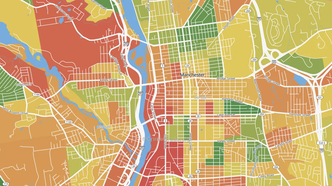 Downtown, Manchester, NH Map of Burglary Rates
