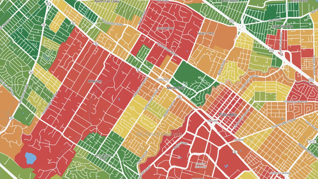 Downtown Menlo Park, Menlo Park, CA Map of Burglary Rates